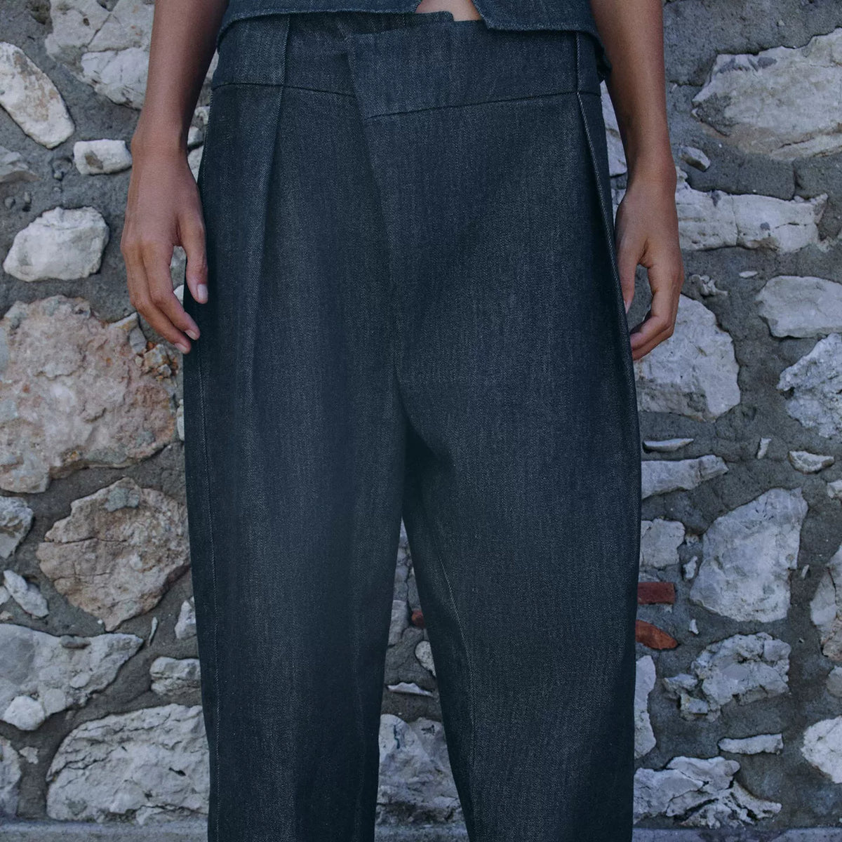Denim Top and Wide-Leg Trouser Set