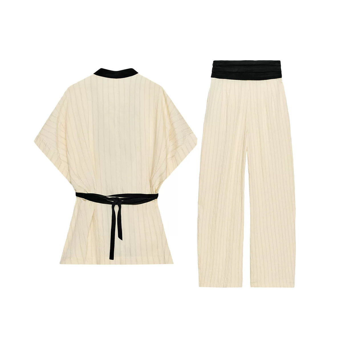 Contrast Trim Striped Top & Wide-Leg Trousers Set