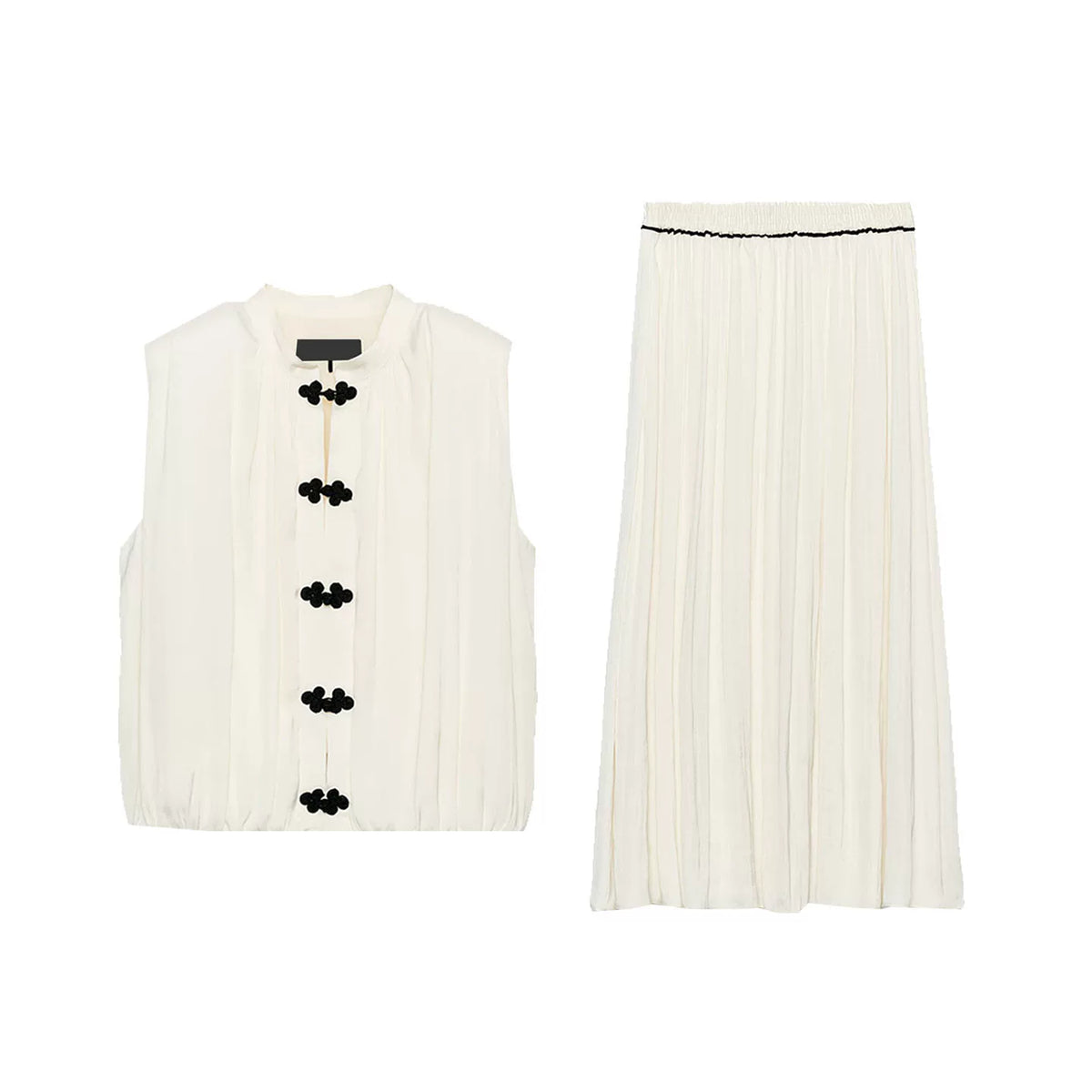 Knot-Button Top and Contrast Midi Skirt Set
