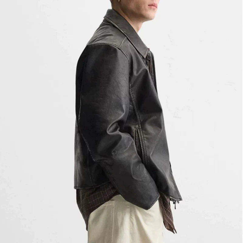 Washed Faux Leather Zip Jacket in Black II