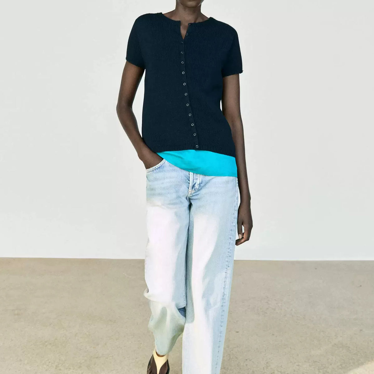 Button-Front Short-Sleeve Knit Top