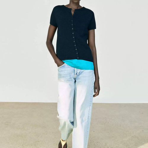 Button-Front Short-Sleeve Knit Top