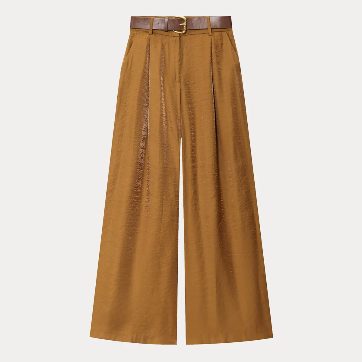 Satin-Finish Belted Wide-Leg Trousers