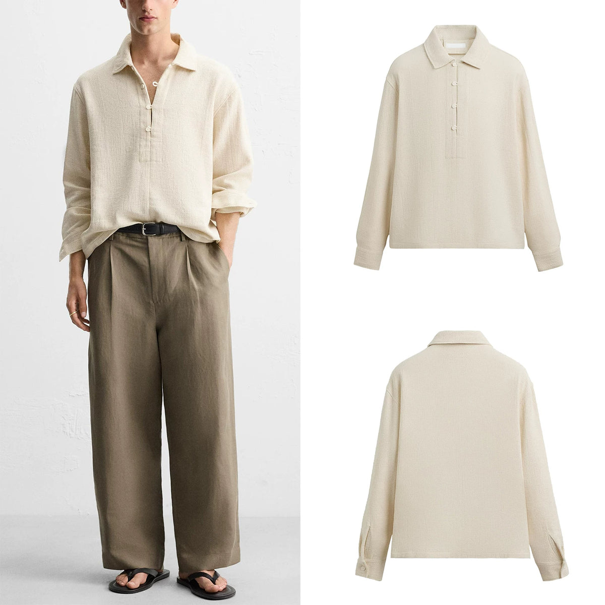 Polo-Collar Textured Long-Sleeve Shirt