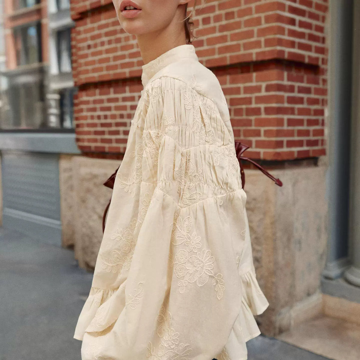 Embroidered Knot-Button Crew Shirt