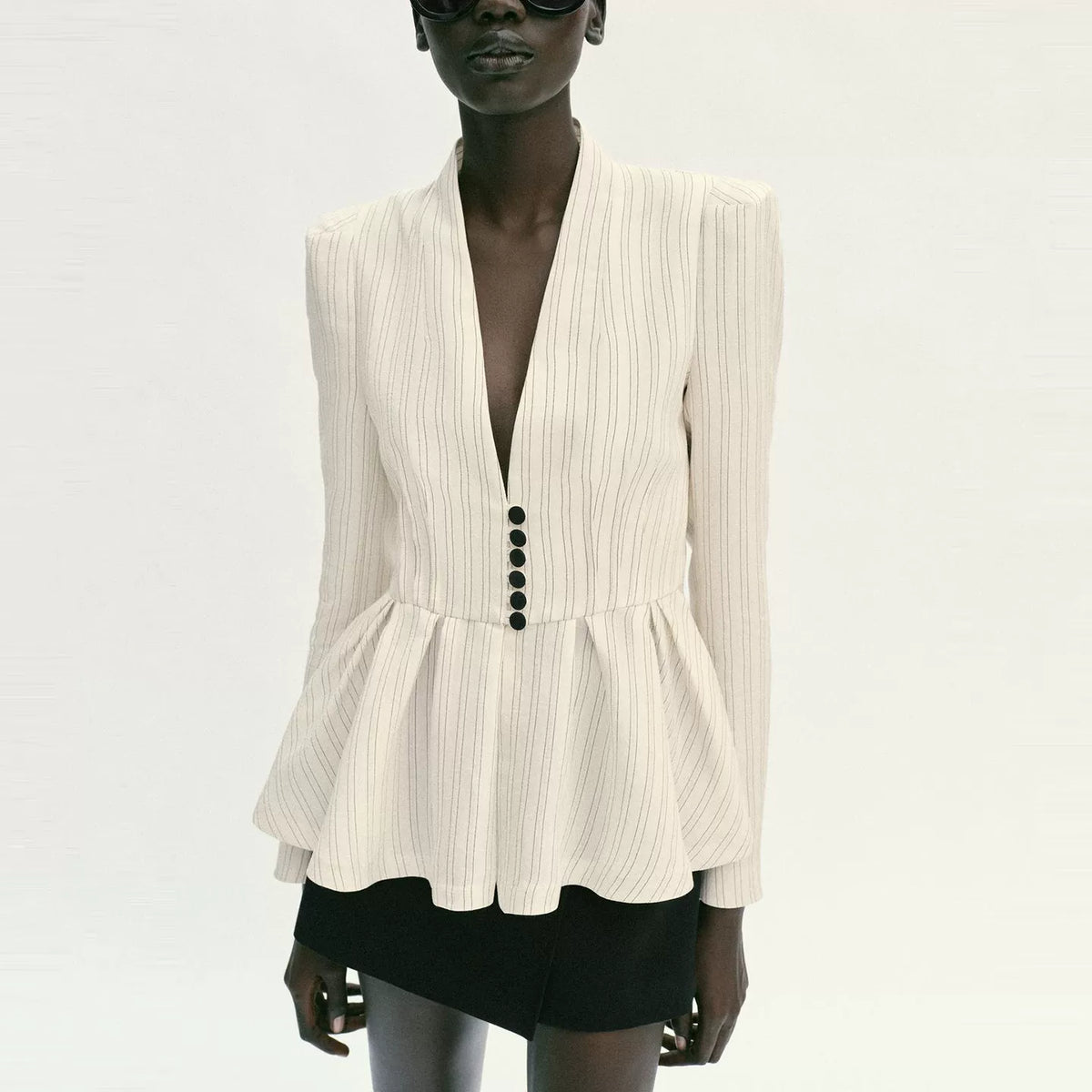Striped V-Neck Short Hem Blazer