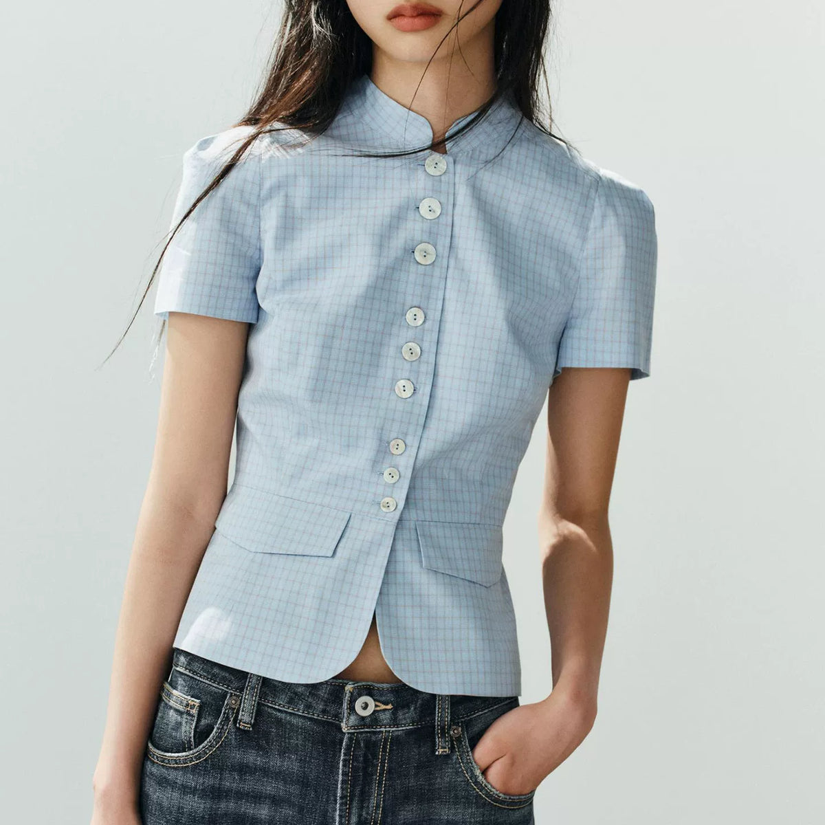 Plaid High-Neck Short-Sleeve Top