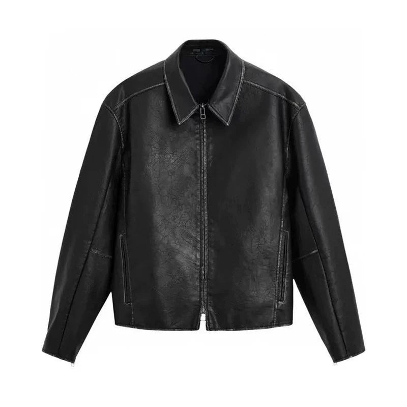 Washed Faux Leather Zip Jacket in Black II