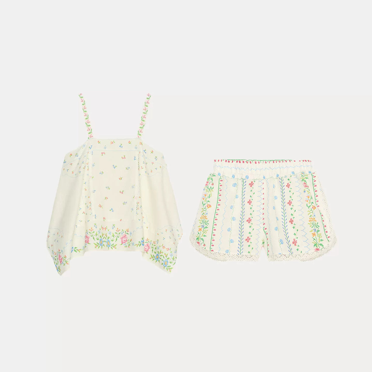 Printed Asymmetric Top and Ruffle Shorts Set
