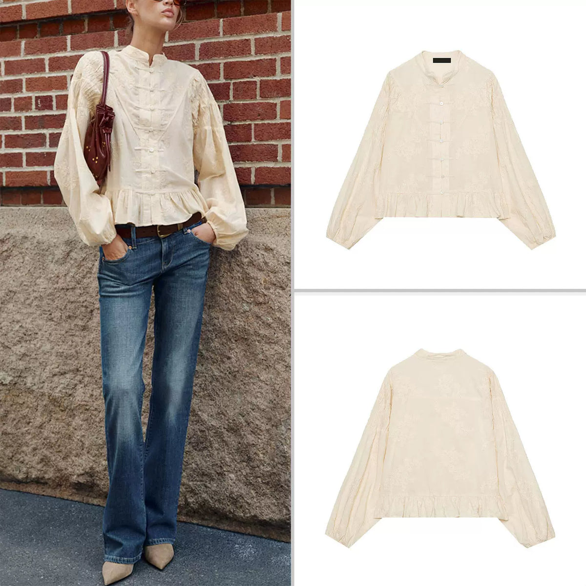 Embroidered Knot-Button Crew Shirt