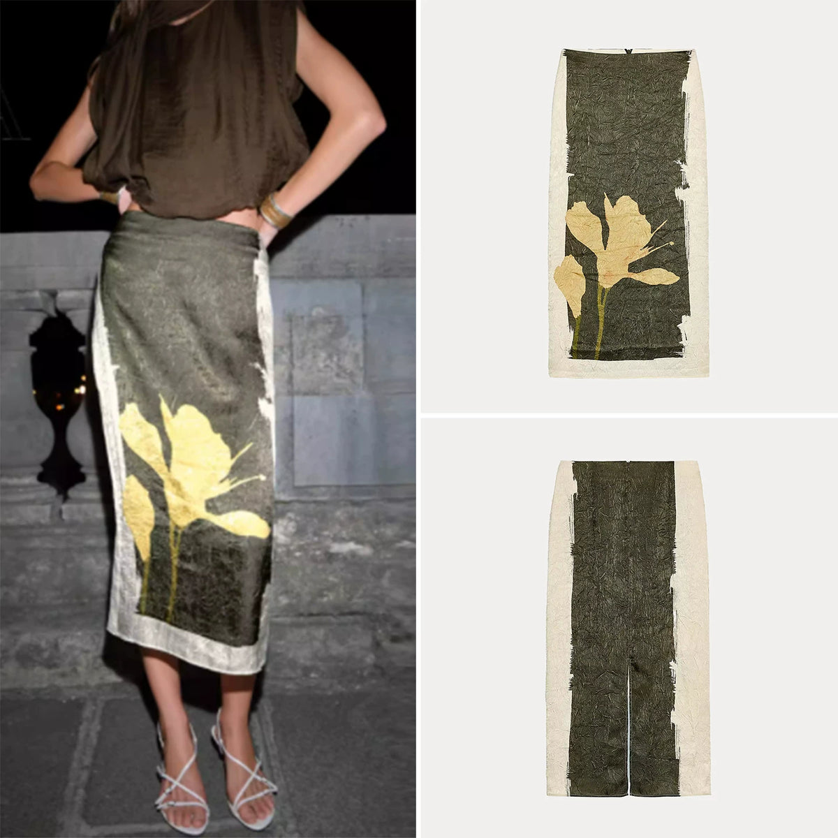 Printed Crinkle Midi Skirt