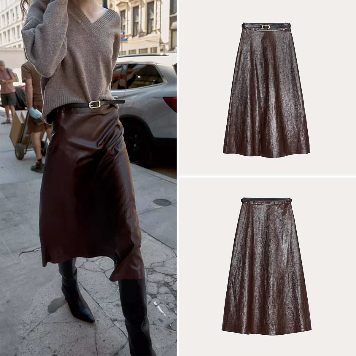 Belted Faux Leather Midi Skirt