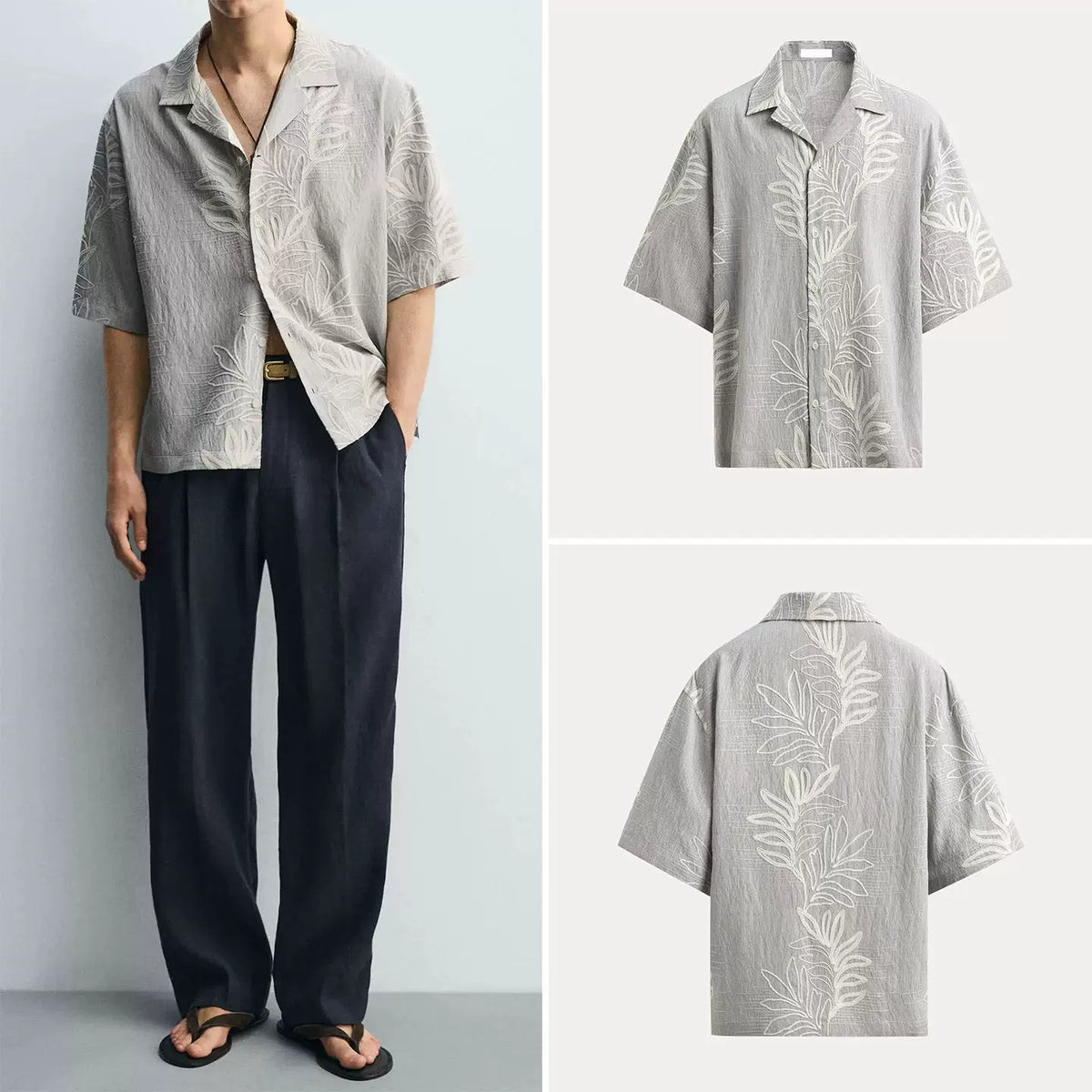 Jacquard Leaf Embroidered Short-Sleeve Shirt