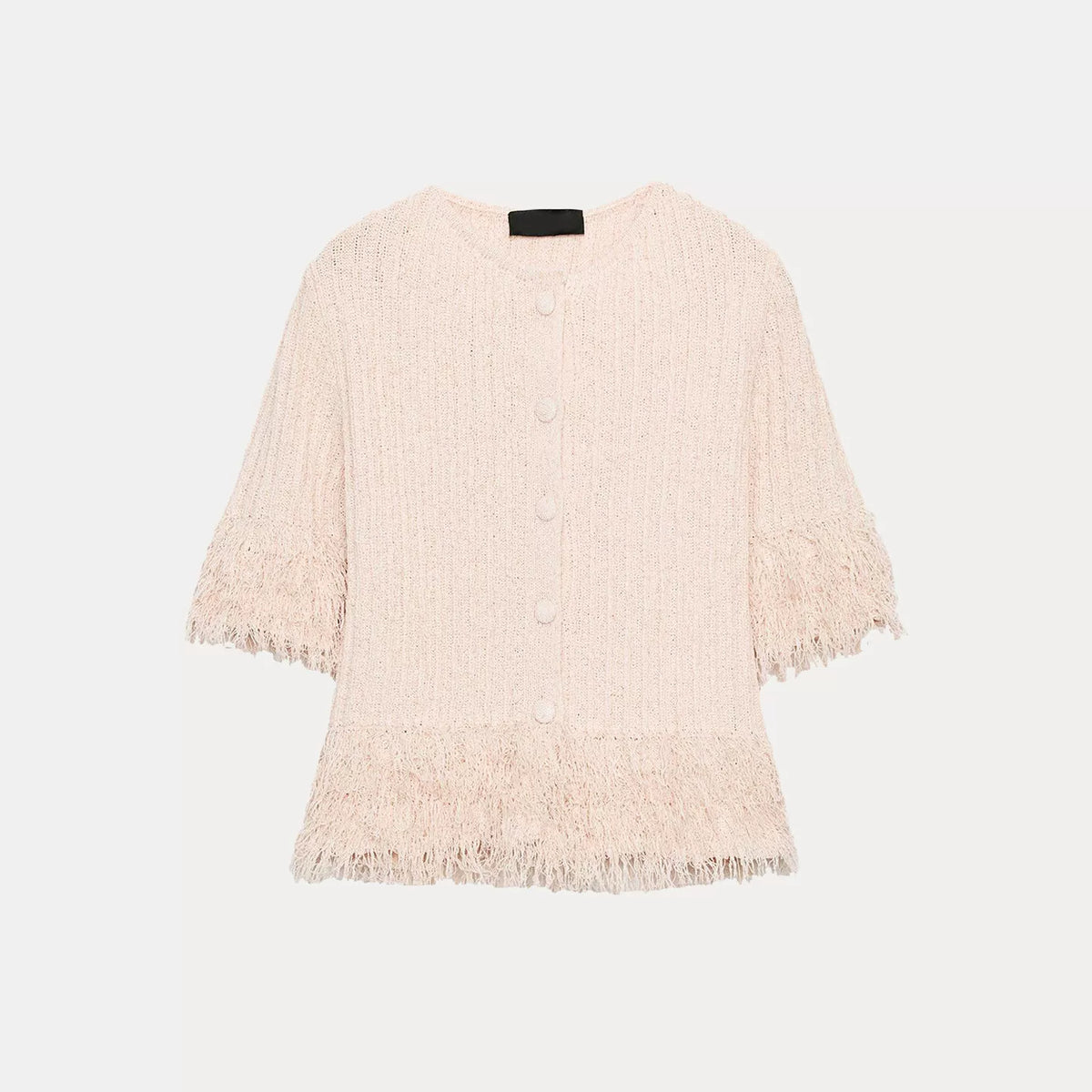 Fringed Short-Sleeve Knit Cardigan