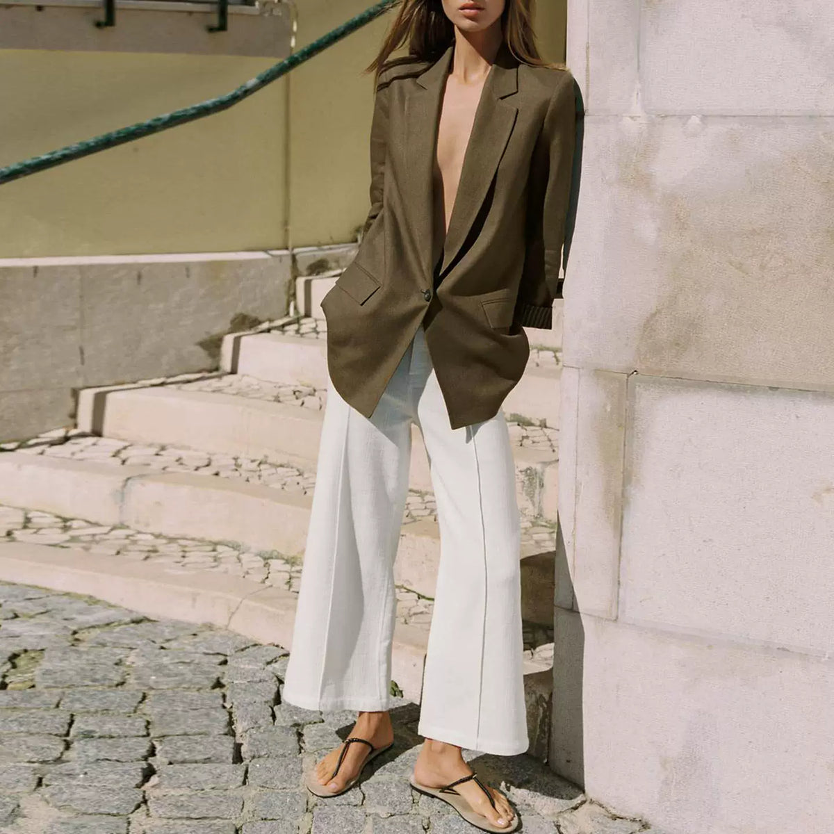 Single-Button Rolled-Cuff Blazer