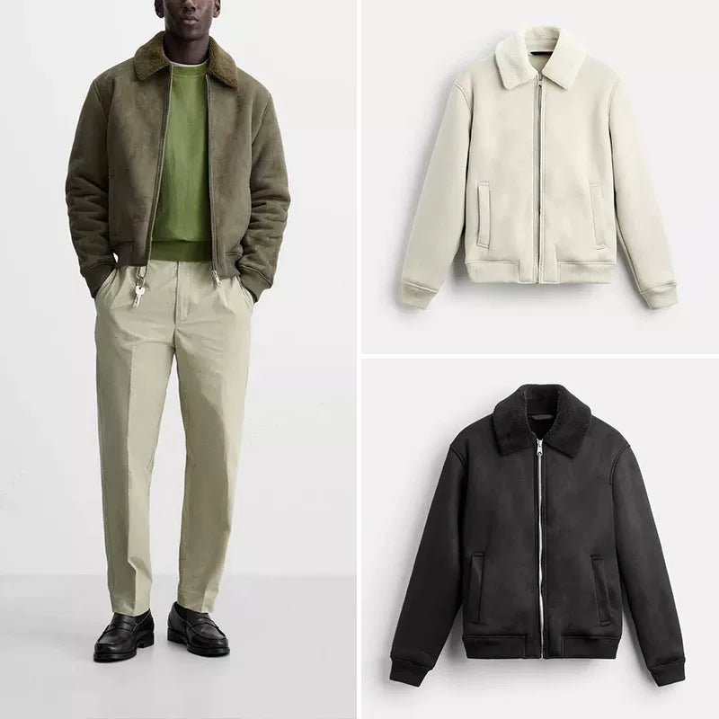 Suede-Effect Panel Zip Jacket