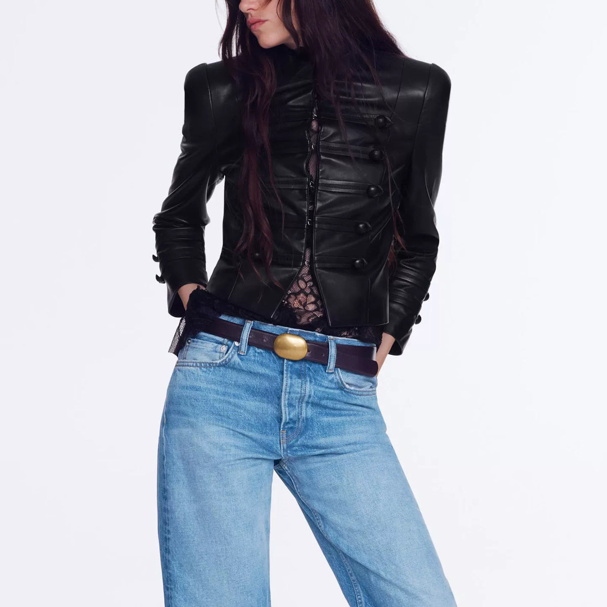 Stand-Collar Knot-Button Jacket