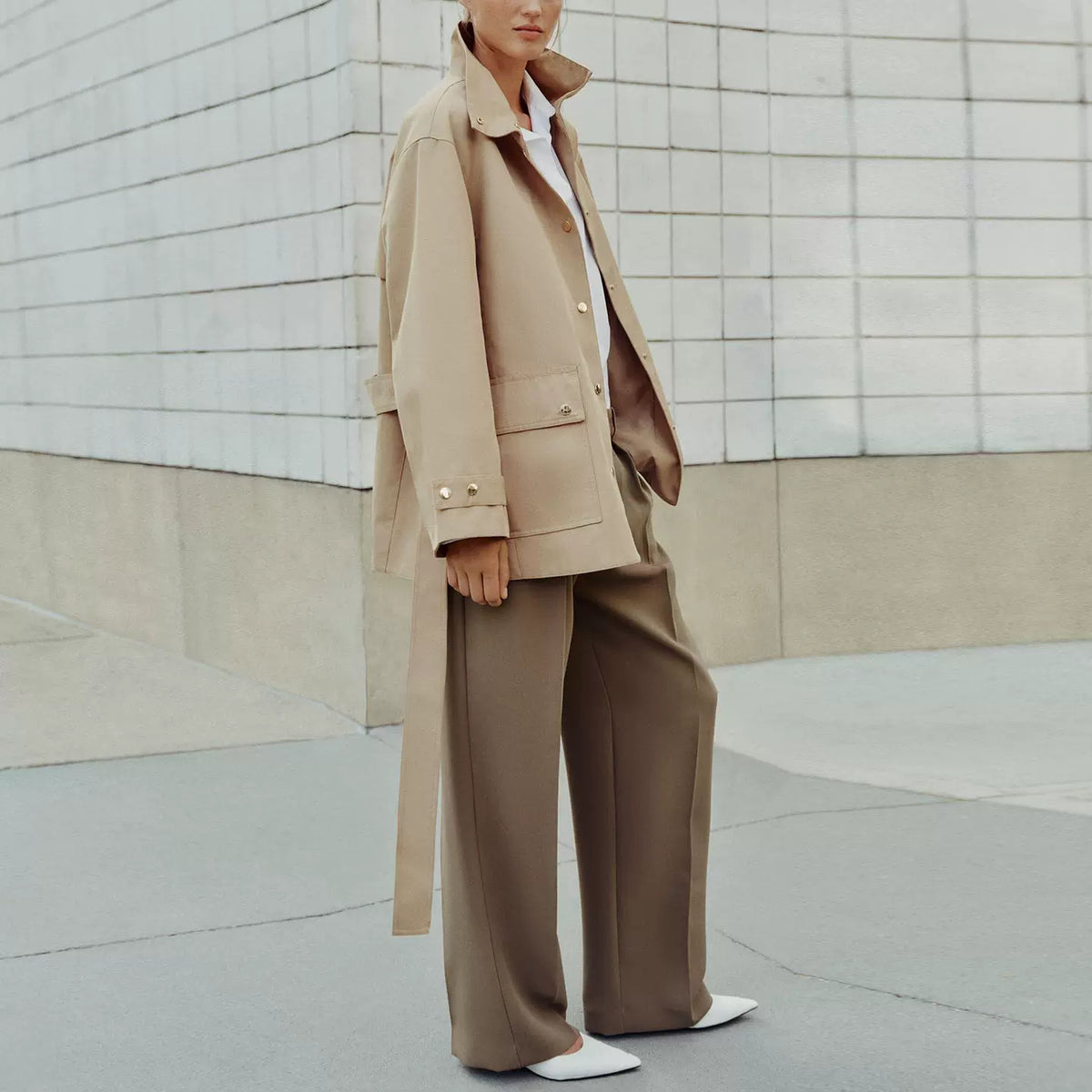 Belted Stand-Collar Trench Coat