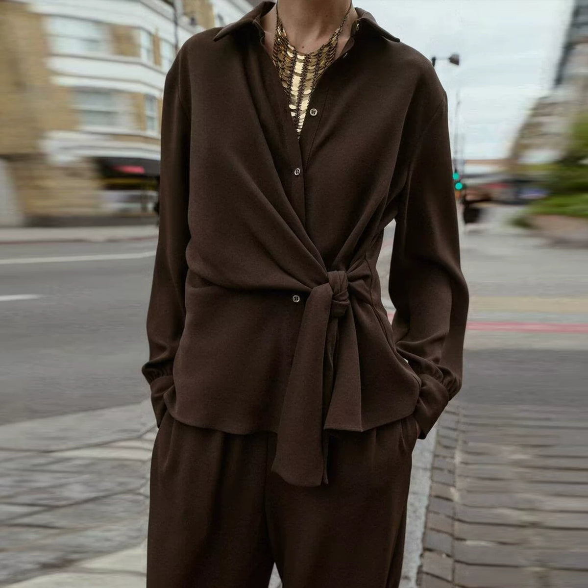 Crepe Tie-Detail Shirt and Wide-Leg Trousers Set