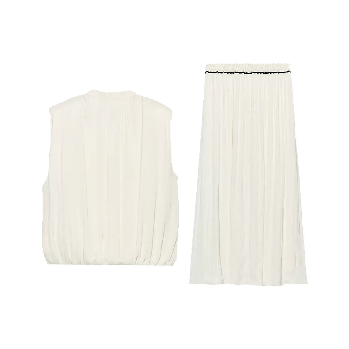 Knot-Button Top and Contrast Midi Skirt Set