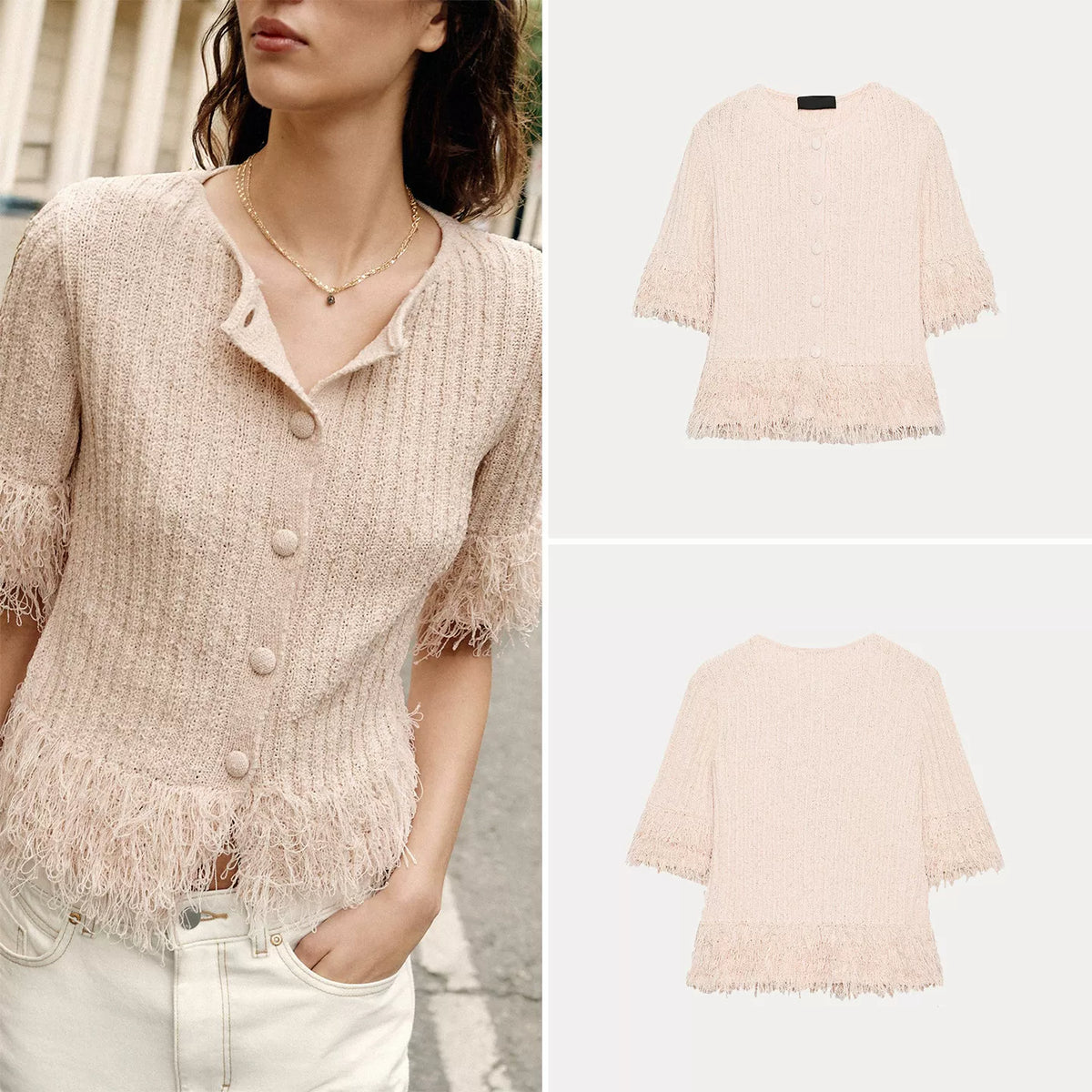 Fringed Short-Sleeve Knit Cardigan