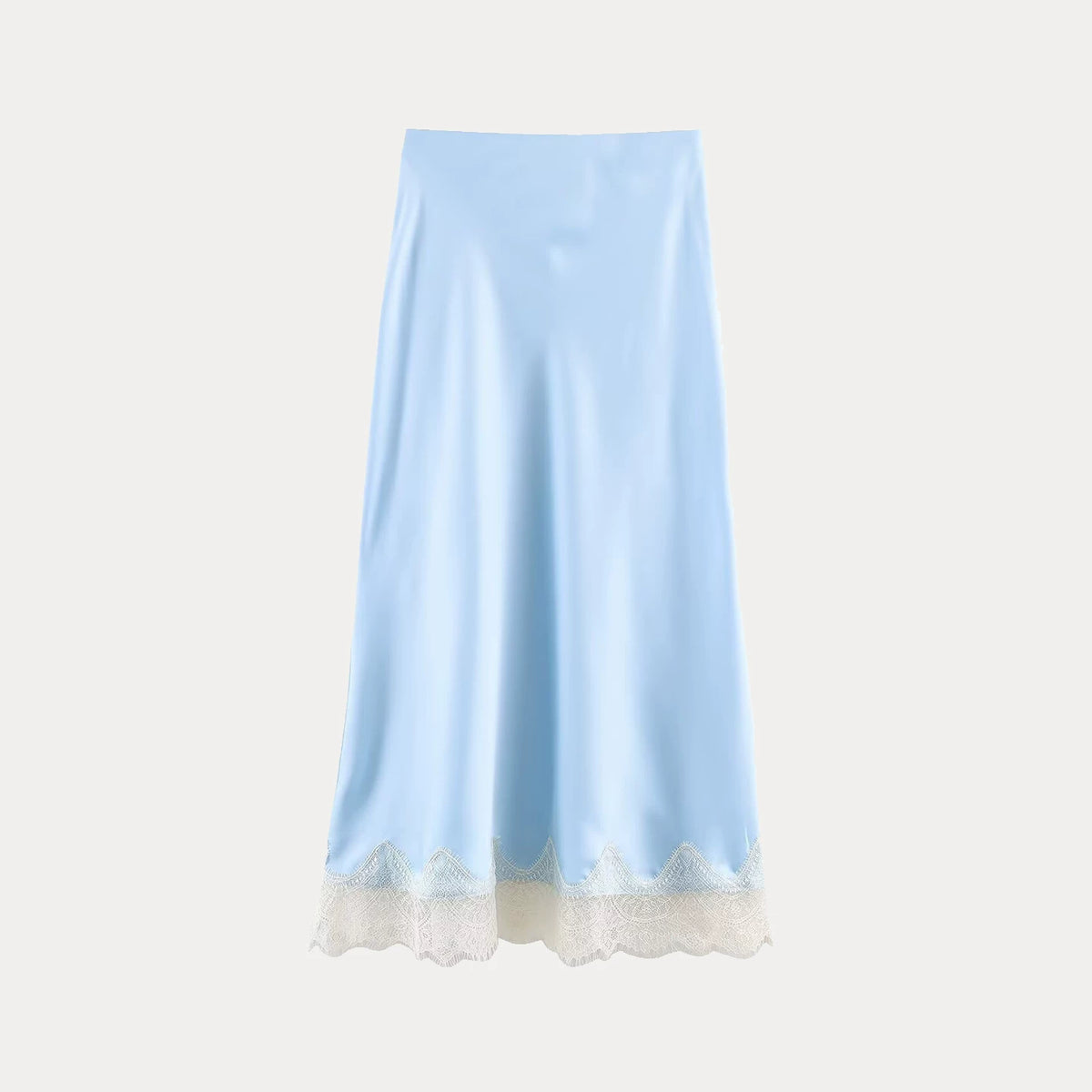 Lace-Trim Satin-Finish Midi Skirt