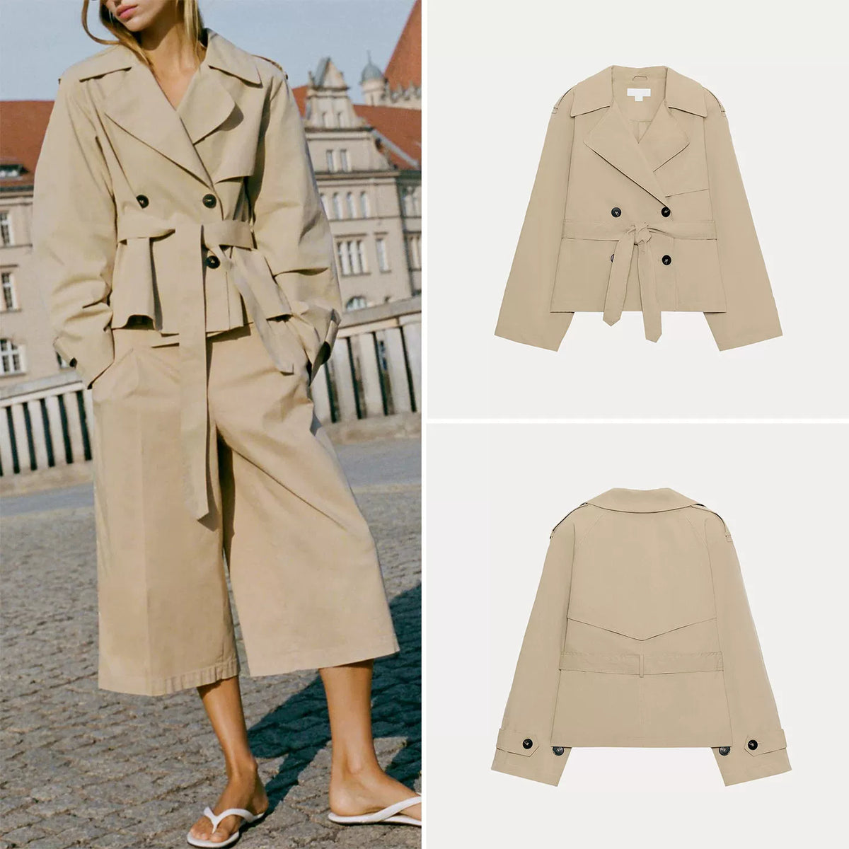 Padded-Shoulder Cropped Trench Coat