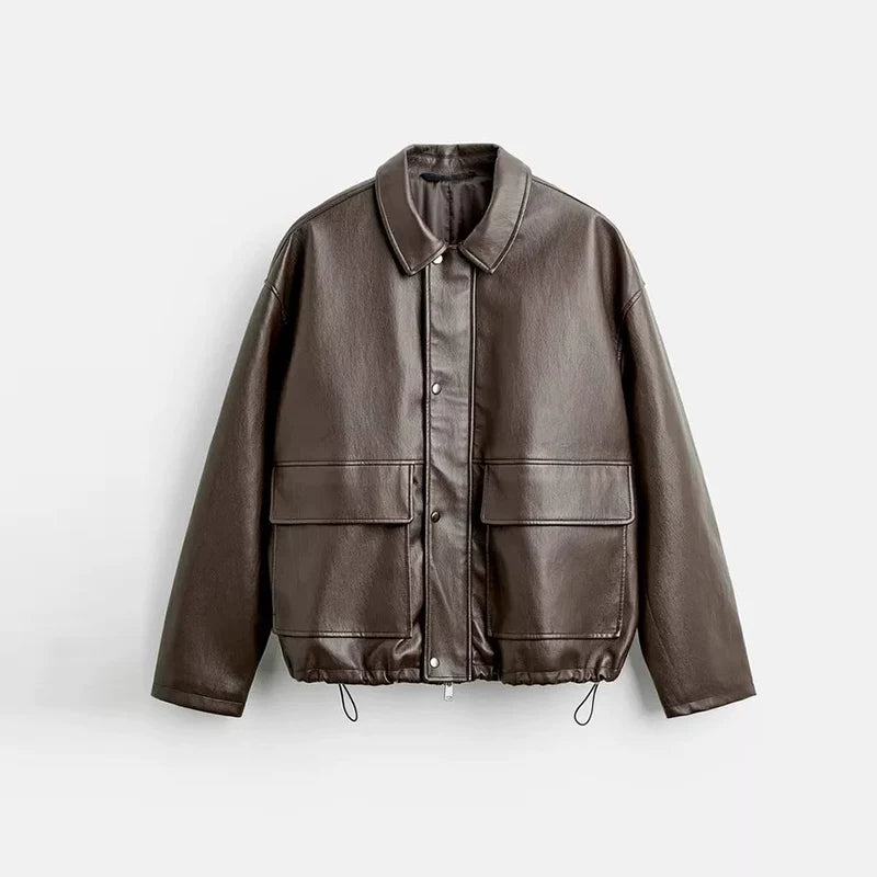 Faux Leather Pocket Boxy Jacket