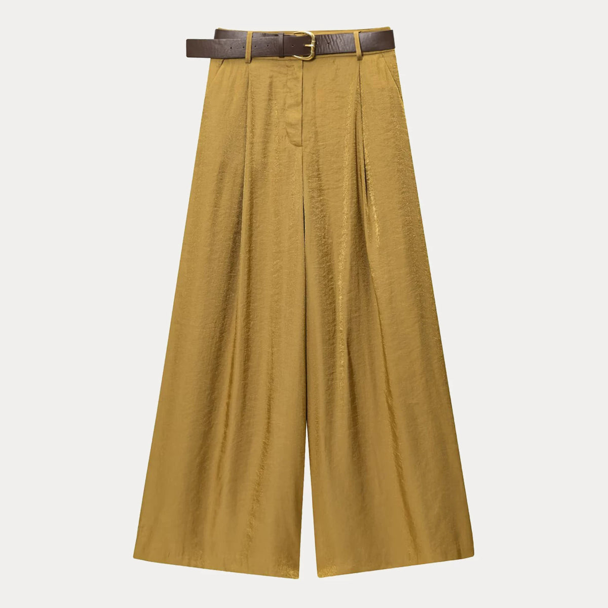 Satin-Finish Belted Wide-Leg Trousers