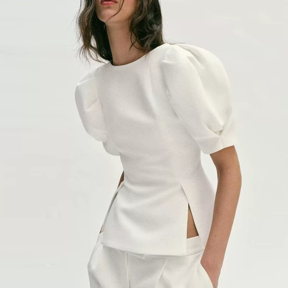 Puff Sleeve Slit Hem Tee