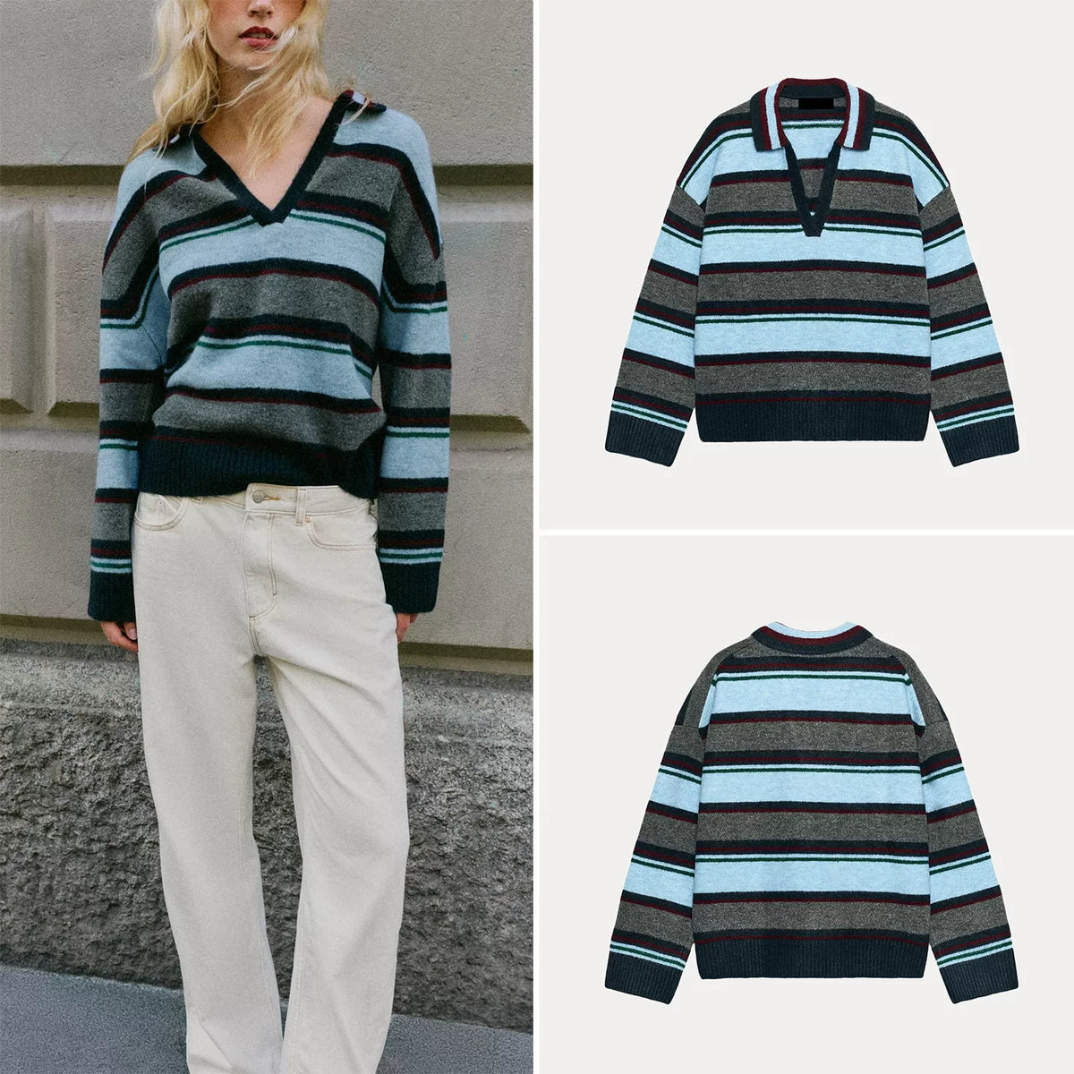 Striped V-Neck Long-Sleeve Polo