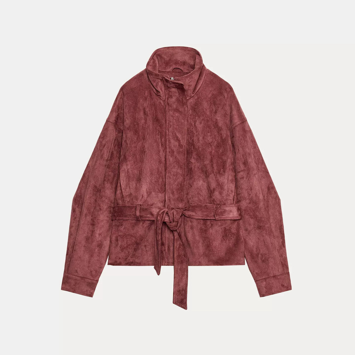 Belted Stand-Collar Jacket in Wine Red