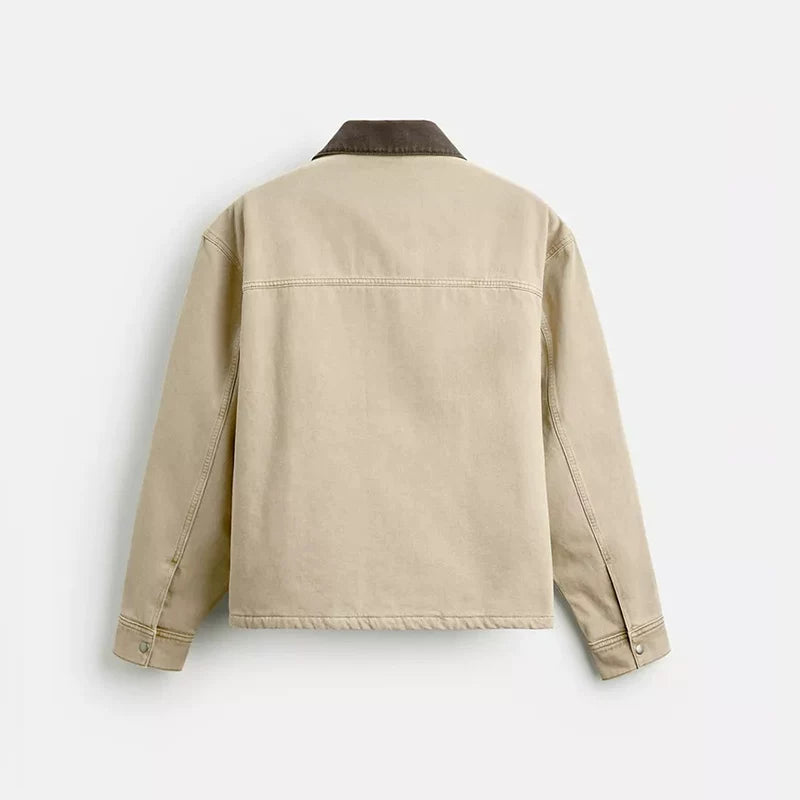 Contrast-Collar Cropped Zip Jacket