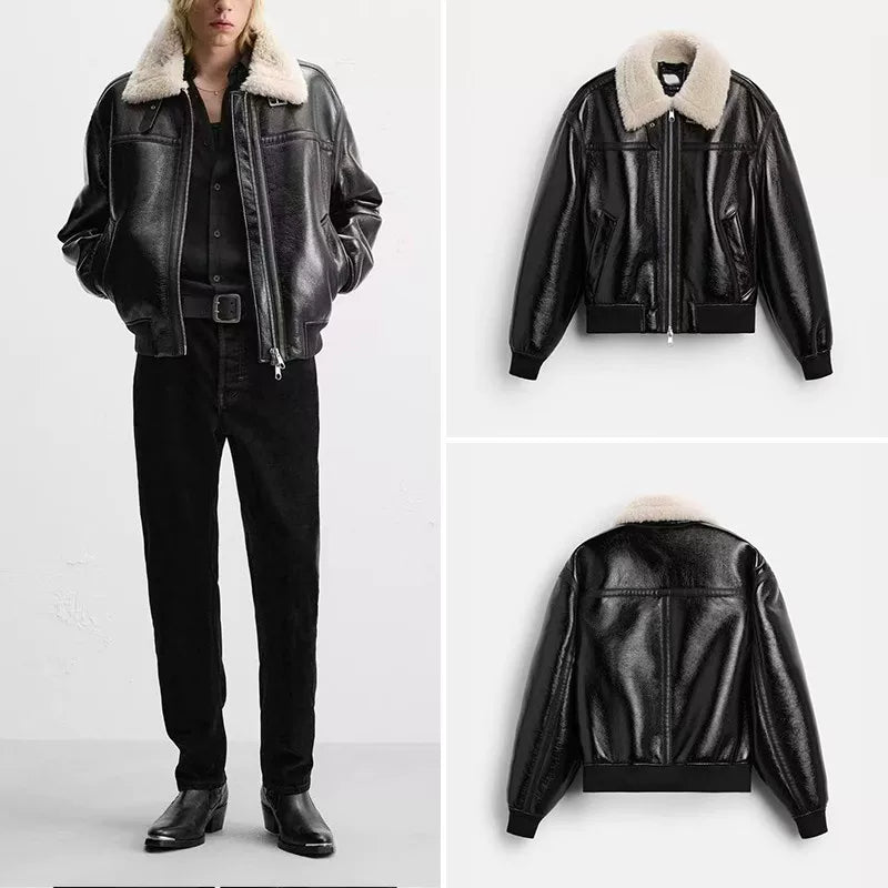 Faux Leather Fleece-Lined Jacket
