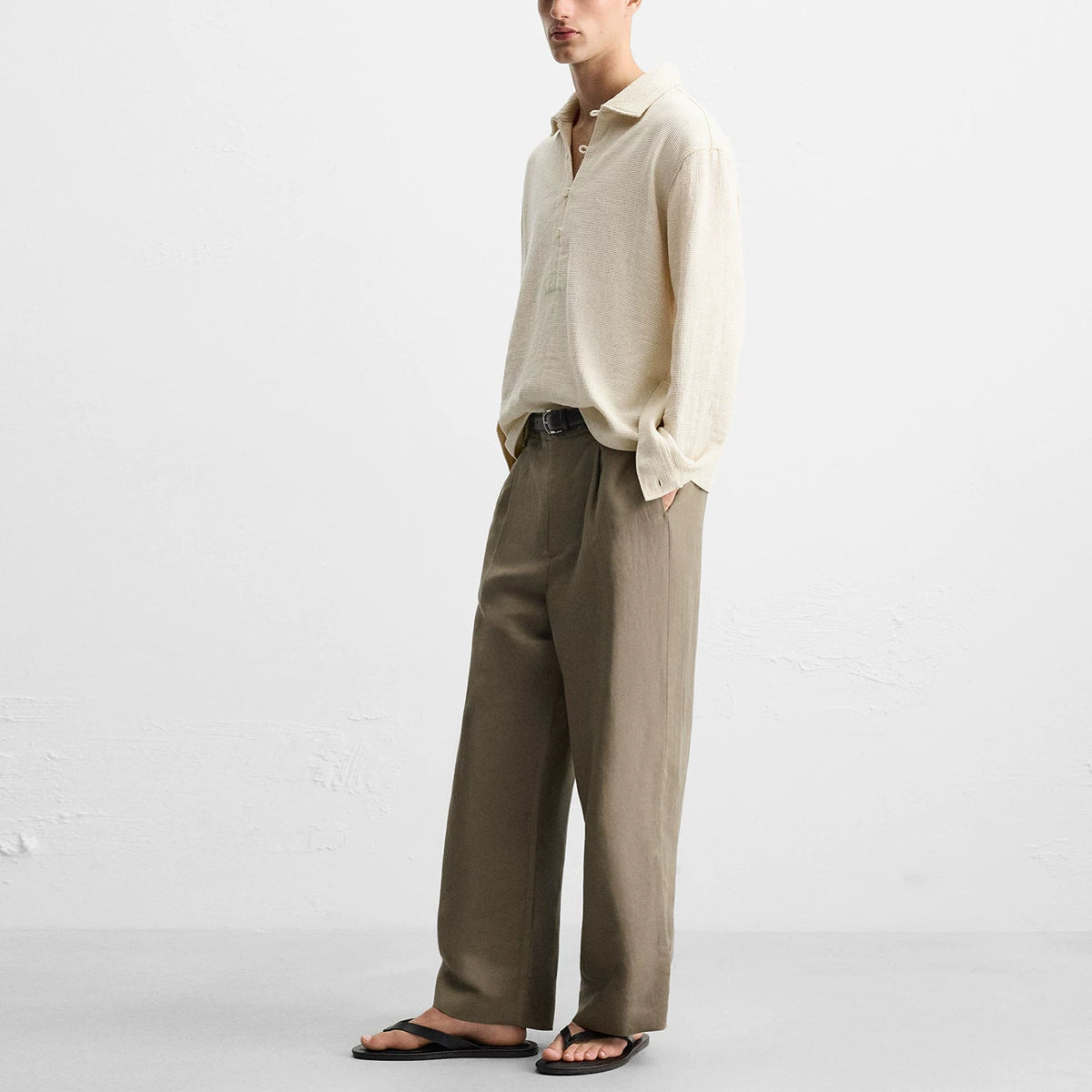 Polo-Collar Textured Long-Sleeve Shirt