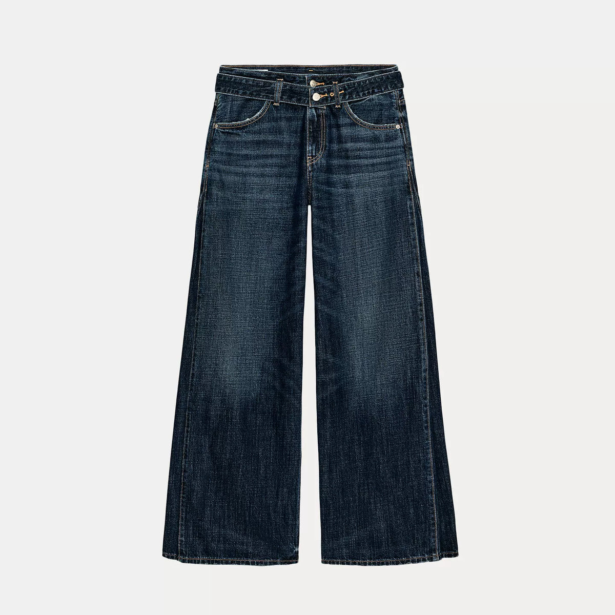 Denim-Effect Top and Belted Pleated Trousers Set