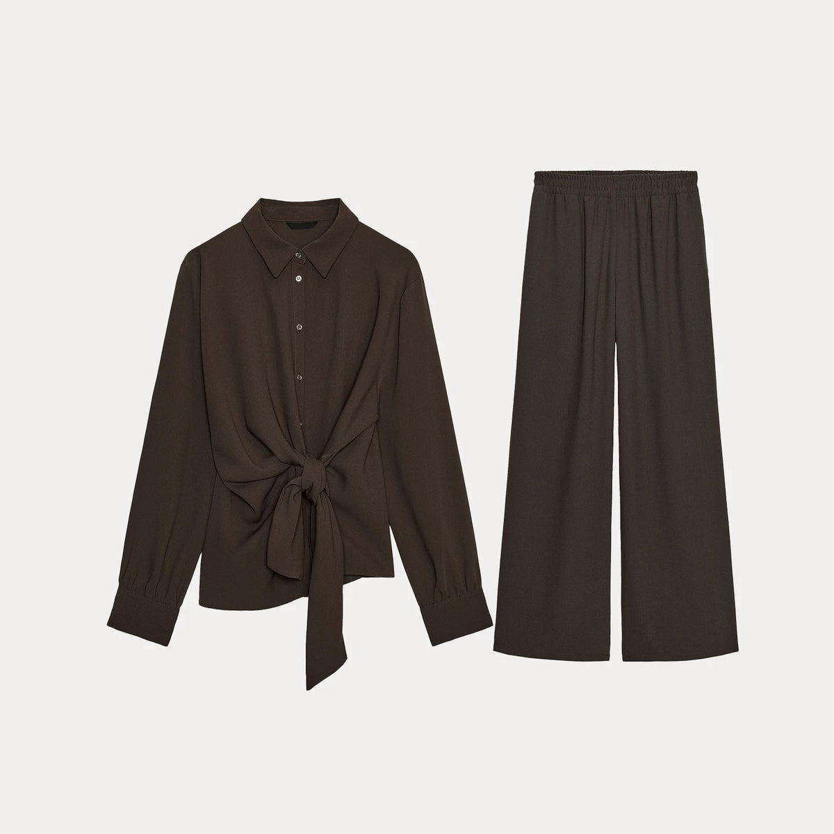 Crepe Tie-Detail Shirt and Wide-Leg Trousers Set
