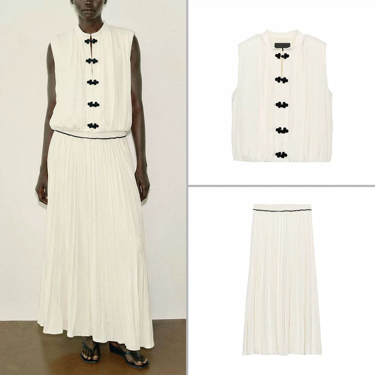 Knot-Button Top and Contrast Midi Skirt Set