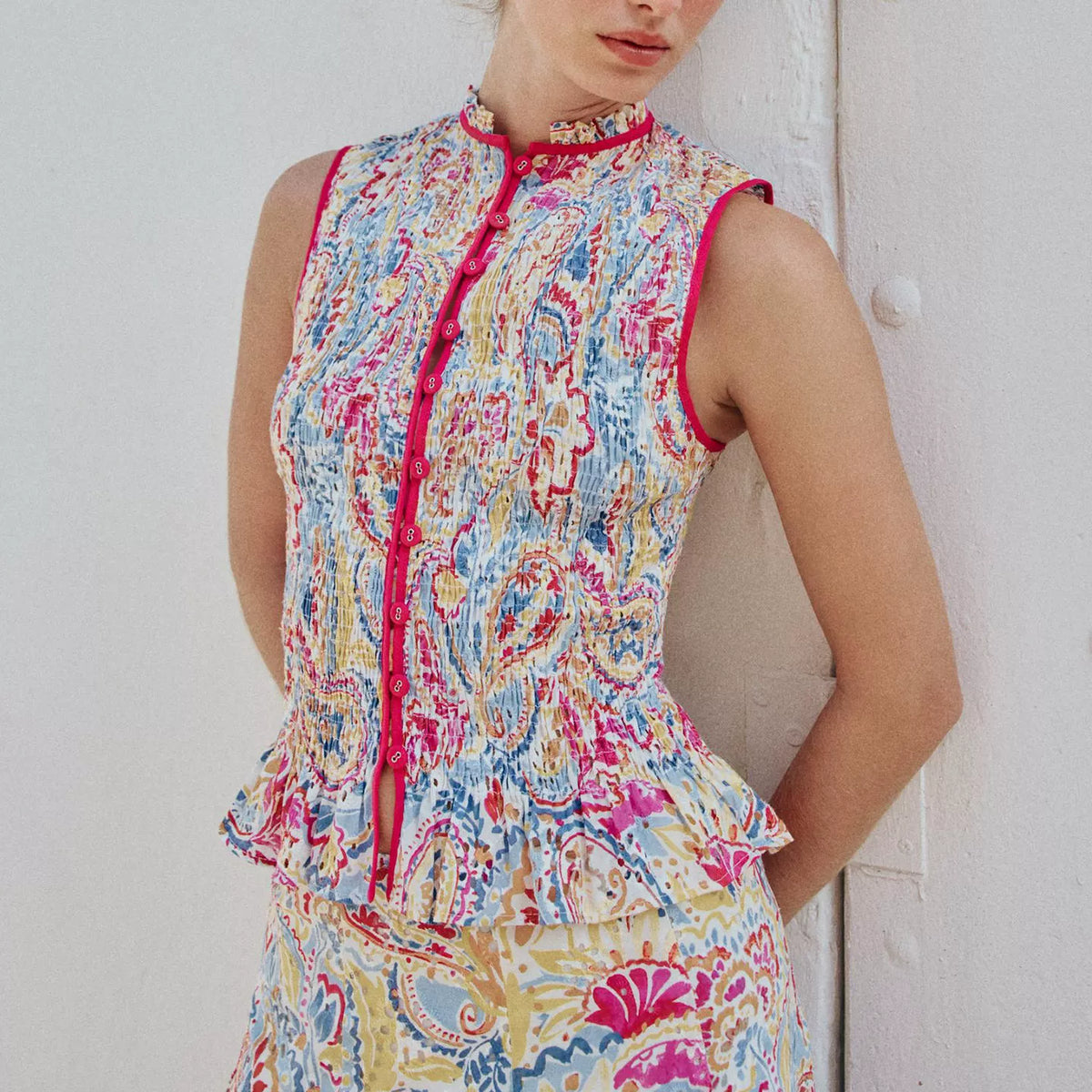 Printed Cutwork Top & A-Line Midi Skirt Set