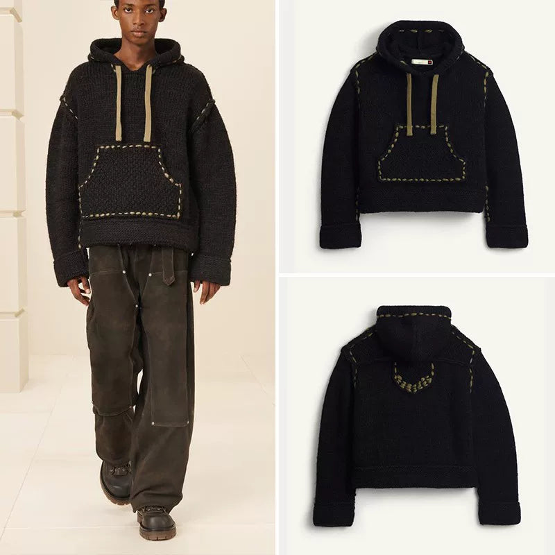 Cropped Knit Hooded Sweatshirt