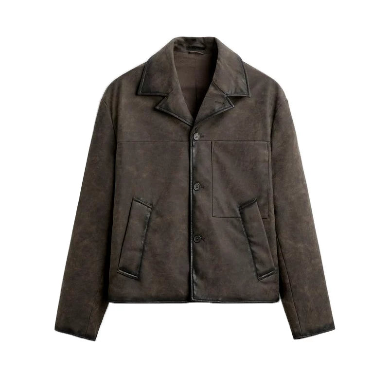 Washed Faux Leather Zip Jacket in Brown