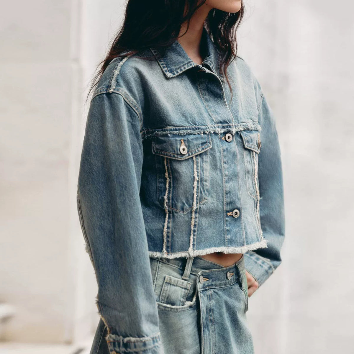 Denim Cropped Jacket & Midi Skirt Set