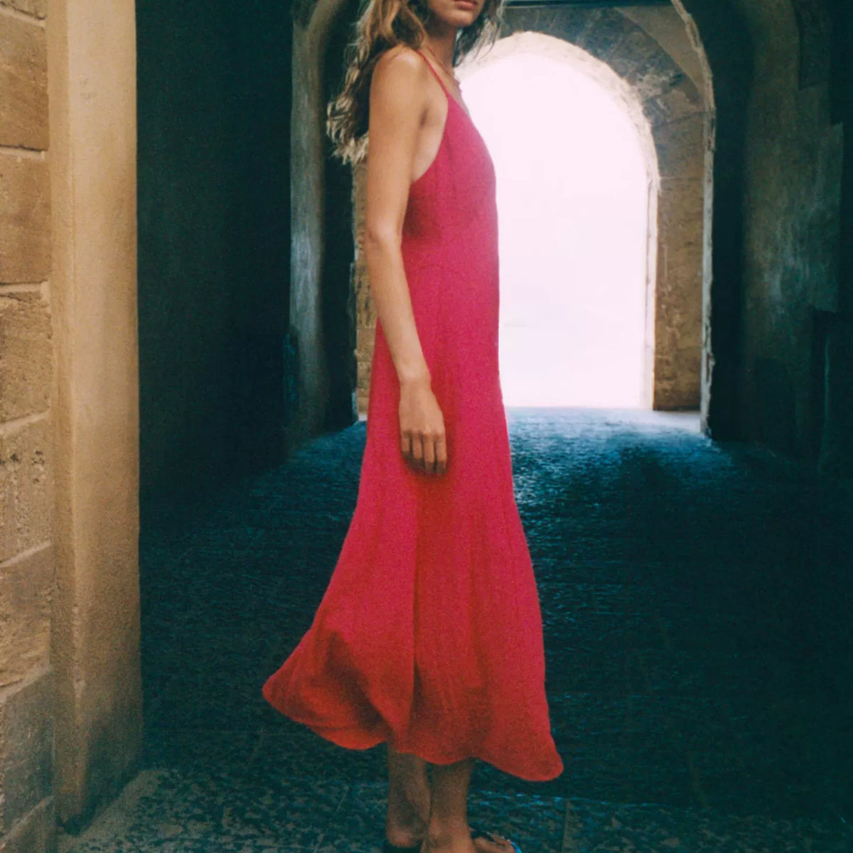 Cross-Back Midi Slip Dress
