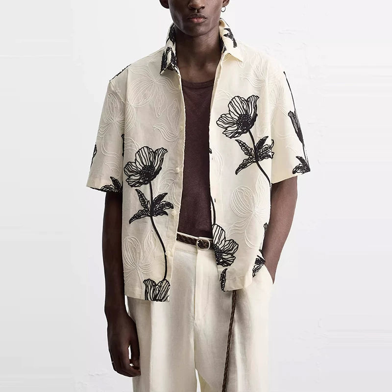 Contrast Embroidered Relaxed Shirt in Beige