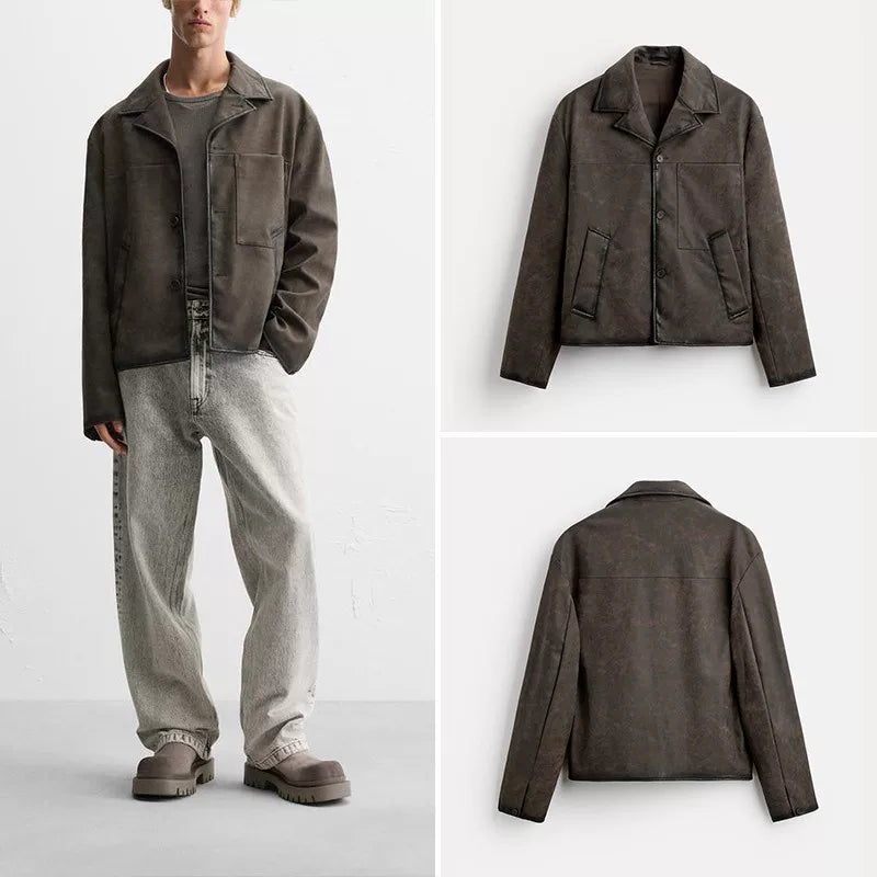 Washed Faux Leather Zip Jacket in Brown