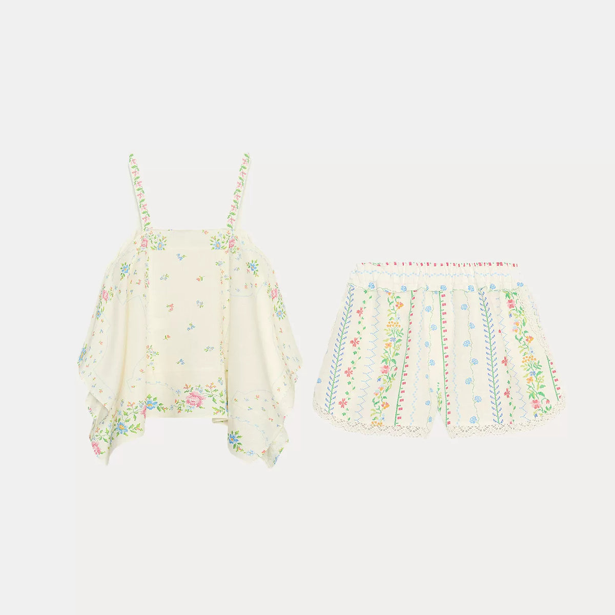 Printed Asymmetric Top and Ruffle Shorts Set
