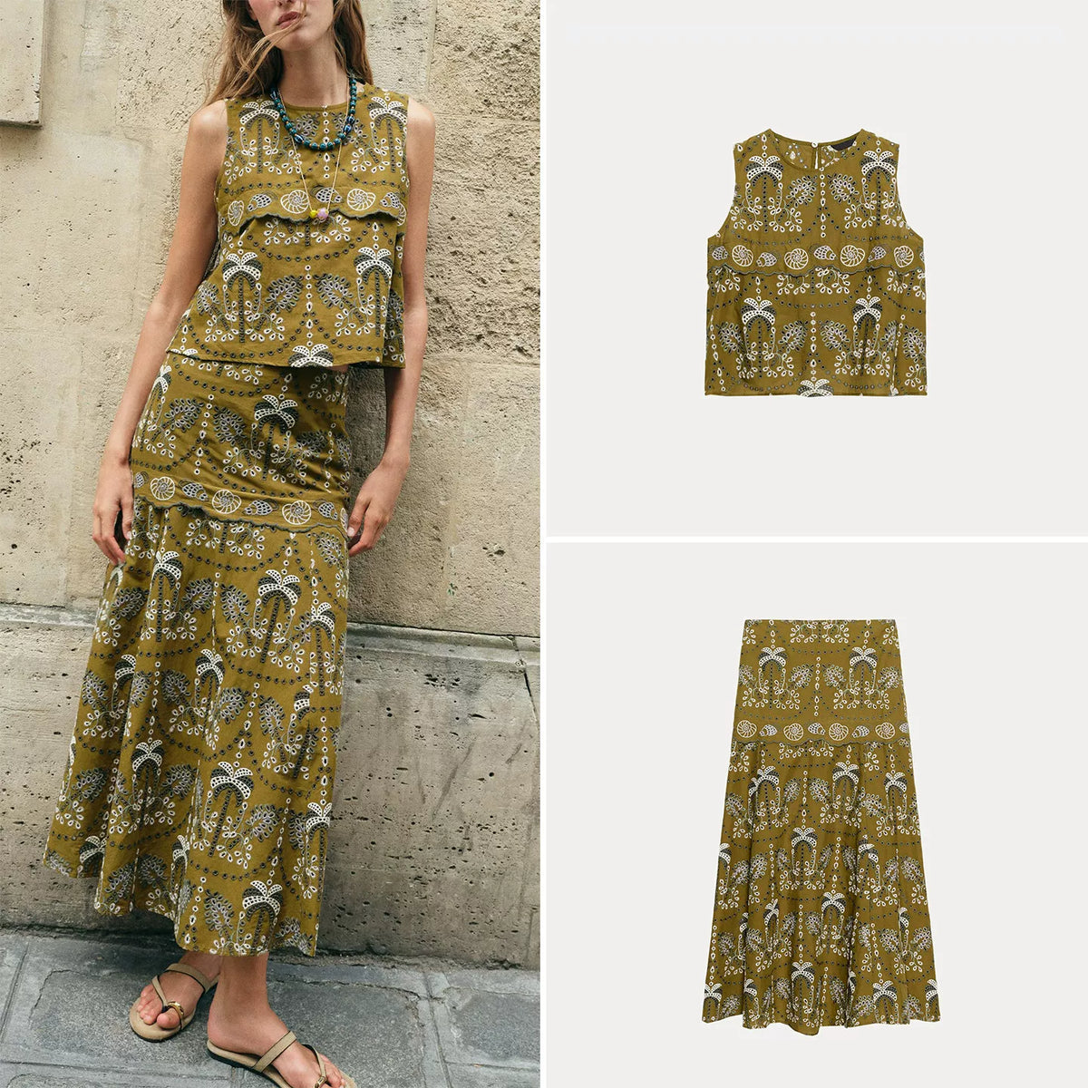 Embroidered Cutout Top and Midi Skirt Set
