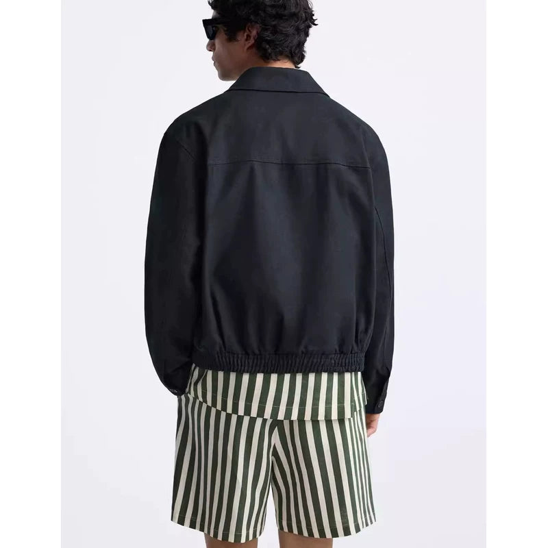 Textured-Cuff Collar Zip Jacket