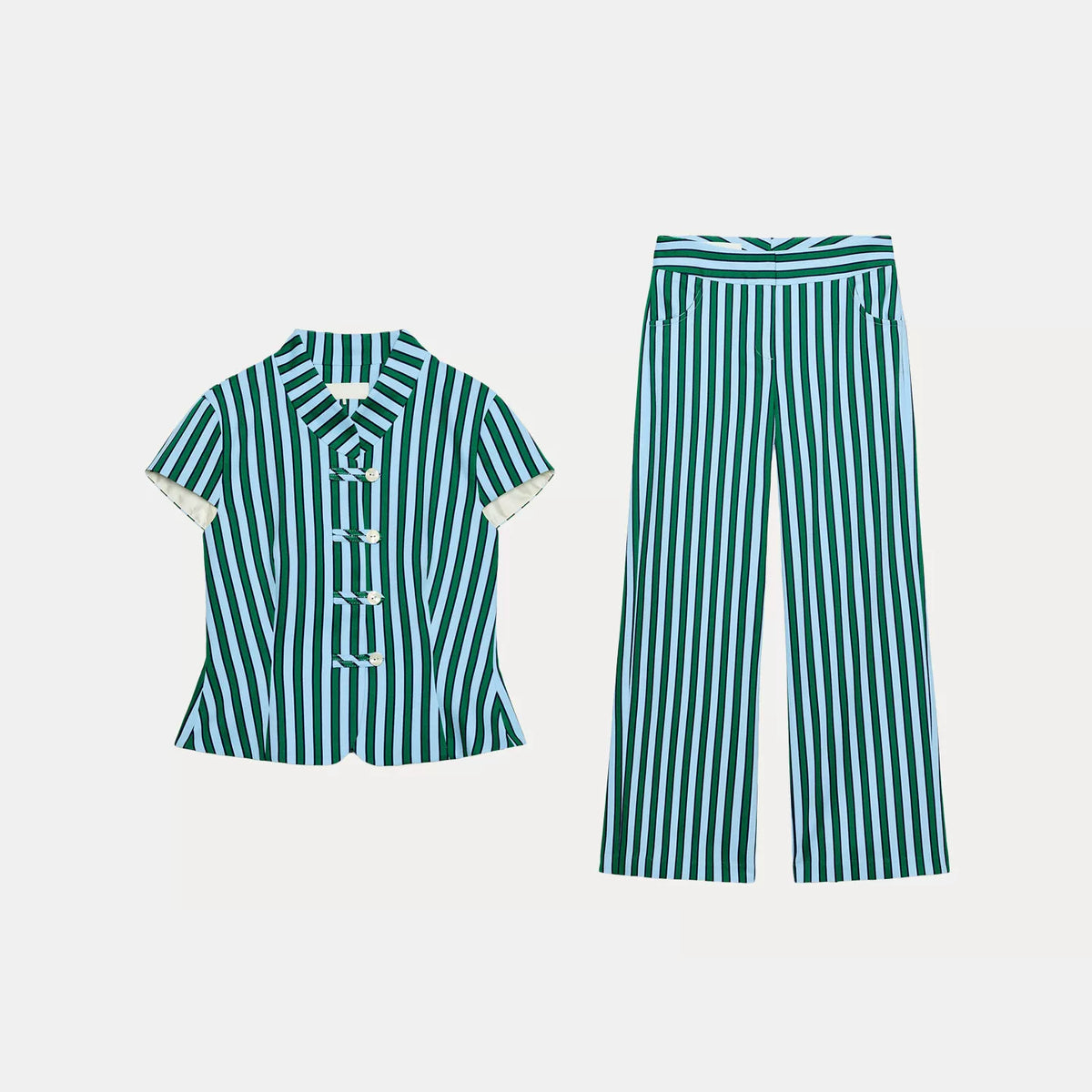 Contrast Stripe Knot-Button Top & Trousers Set