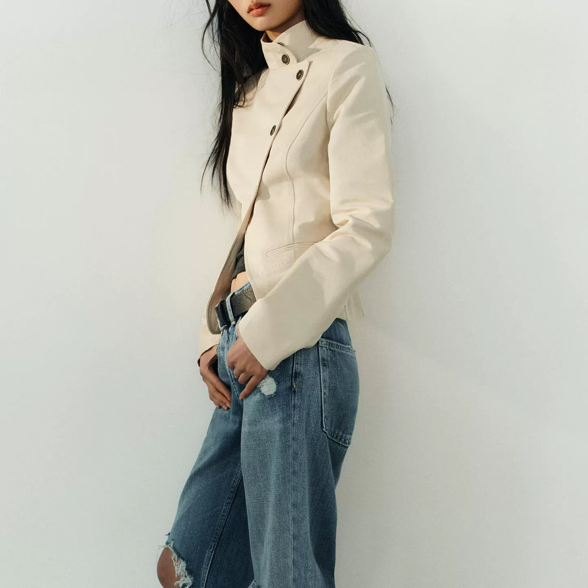 Stand-Collar Double-Breasted Blazer